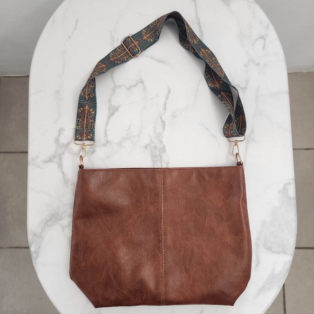 Unisex Dark Brown Tote Bag With Patterned Boho Strap - Picture 2 of 13
